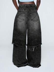 COUREZ Low Rise Layered Jorts Over Baggy Jeans In Black Wash/Y2K Autumn Clothes For Women Outfits Wide Leg Jeans Oversized Concert Bottoms Pants For Women - Grey - View 3