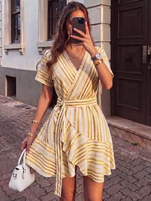 SHEIN PariChic 時尚簡約條紋女款V領洋裝，適合約會與外出 - 黃色 - 查看 5