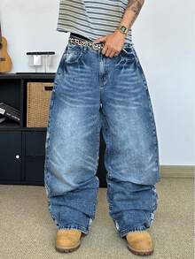 STEELVANCE Street Style Retro Fashion Versatile Distressed Washed Cat Whisker Embroidered Design Loose Straight Wide Leg Casual Denim Jeans (Belt And Accessories Not Included) - Light Wash - View 4