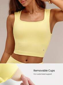 GLOWMODE Ultrafine weiches nahtloses Crisscross-Crush-Strick-Tanktop mit Feuchtigkeitsableitung, offenem Rücken, abnehmbaren Cups, quadratischem Ausschnitt, verkürzt, für Laufen, Fitnessstudio und Workout - French Vanilla - Übersicht 2