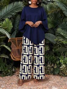 SHEIN Lady Women's Solid Color Round Neck Long Sleeve Top And Wide Leg Pants Casual Elegant Daily 2 Pieces Set Dinner Navy Blue Autumn - Multicolor - View 5