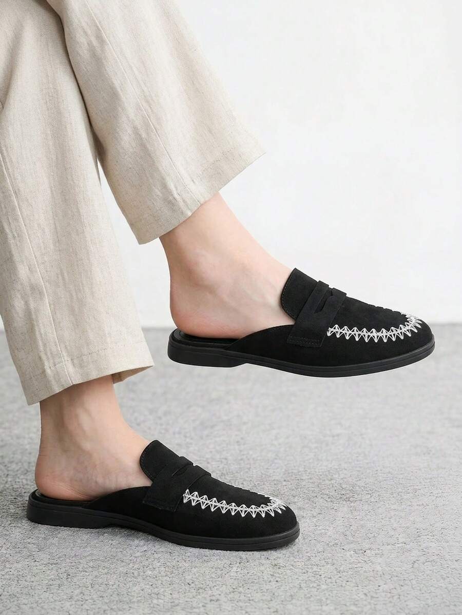 CUCCOO BIZCHIC 時尚黑色麂皮舒適通勤女款穆勒平底鞋，適合戶外度假、購物、上班、日常通勤與休閒穿著 - 黑色 - 查看 1