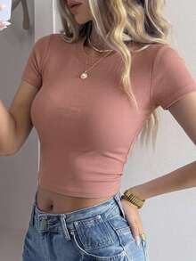 Joudiya Women Plain Simple Casual Daily T-Shirt - Dusty Pink - View 14
