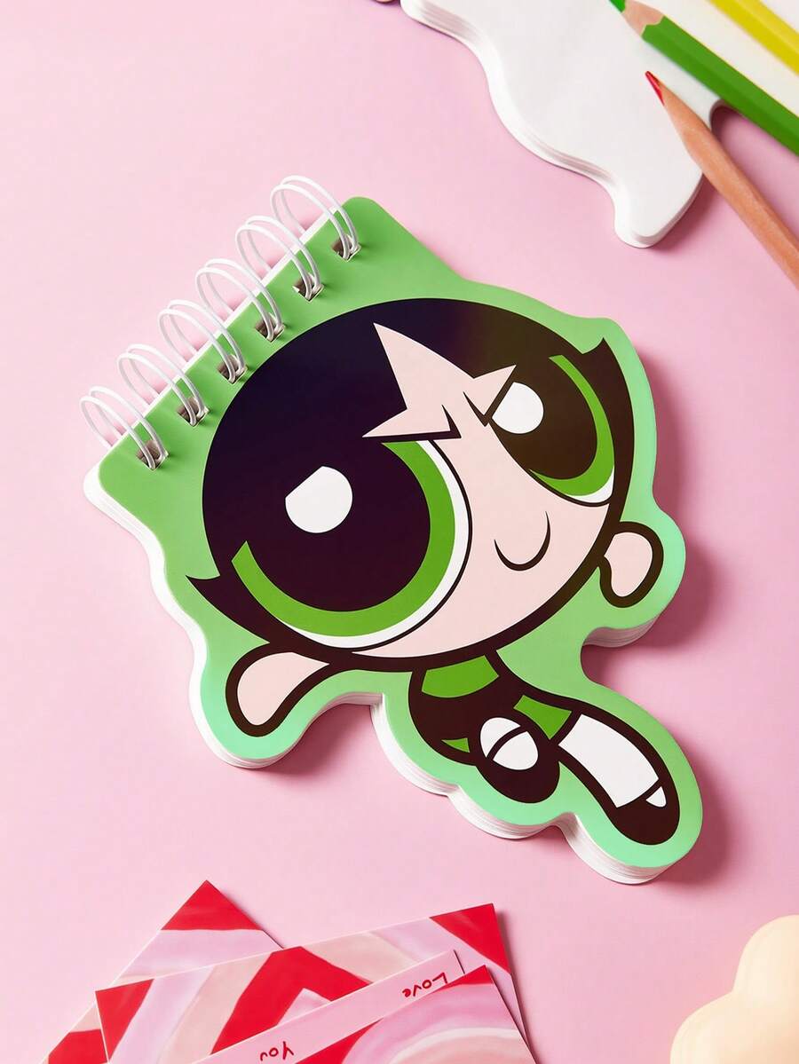 THE POWERPUFF GIRLS X SHEIN 60 Pages Cartoon Character Diary Handbook Pocket Book, Easy To Carry - C-Green - View 1