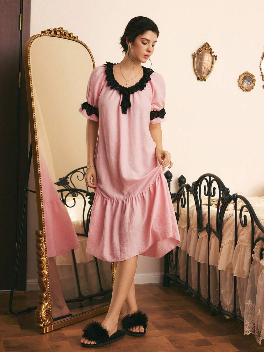 Côtesoire Camisola Longa Solta Feminina Vintage Estilo Minimalista Francês do Sul com Manga Lanterna, Patchwork de Renda e Contraste de Cores - Coral - Visão 1
