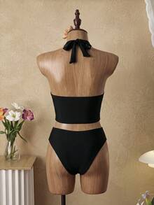 Swim Vcay 女款兩件式純色修身細肩帶綁帶比基尼套裝，可愛三角褲，熱銷海灘度假休閒優雅情人節派對背心吊帶比基尼套裝，女款假期優雅海灘穿搭泳裝 - 黑色 - 查看 4