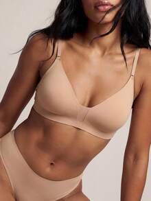 Barelissa 1pc Casual Minimalist Solid Color Deep V-Neck Thin Strap Backless Women Bra - Apricot - View 1