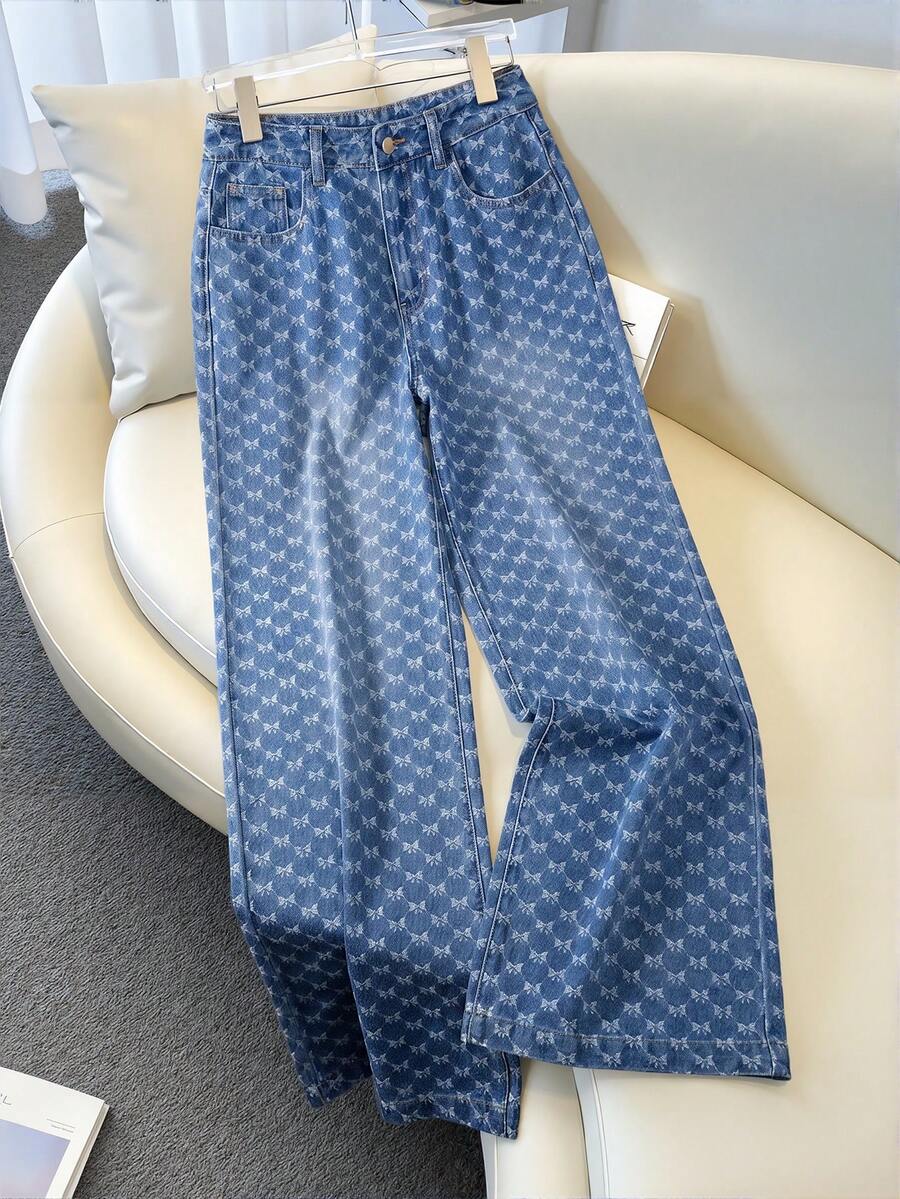 GlowEve Women's Bowknot Pattern Pocket Wide Leg Casual Cute Denim Jeans School Everyday Blue Butterfly Summer - Blue - View 1