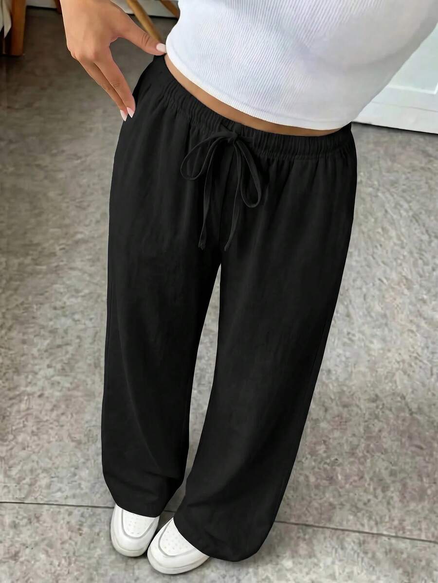 SHEIN 青少年女孩夏季休閒百搭黑色長褲 - 黑色 - 查看 1