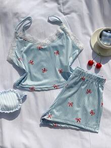 Comfortcana Lace Patchwork Striped Bow Print Camisole & Shorts Women Pajama Set - Multicolor - View 4