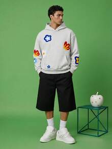 Manfinity Hypemode 男士休闲花卉刺绣连帽卫衣，秋冬季花卉图案连帽衫，街头风Y2K连帽衫，男士泡泡印花连帽衫，长袖上衣 - 灰色 - 查看 1