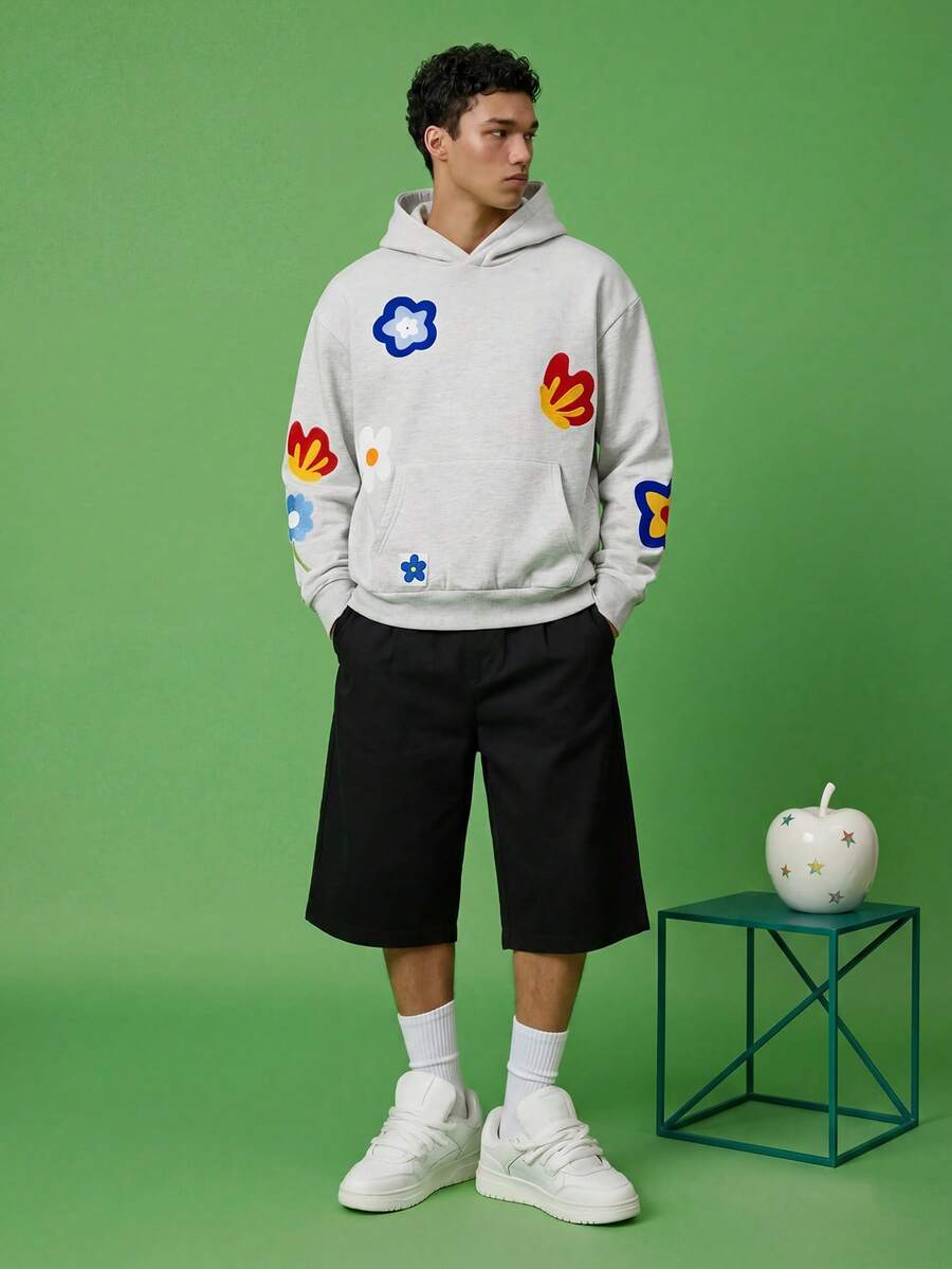 Manfinity Hypemode 男士休闲花卉刺绣连帽卫衣,秋冬季花卉图案连帽衫,街头风Y2K连帽衫,男士泡泡印花连帽衫,长袖上衣 - 灰色 - 查看 1