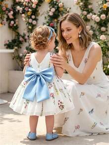 Glamorique Kids 女嬰白色夏季花卉刺繡背心洋裝，V領露背設計，可拆式緞面大蝴蝶結，生日派對花童婚禮晚宴優雅風 - 杏色 - 查看 3