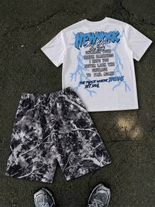 Coolqubz Teen Boys American Street Style Portrait & Letter Print White T-Shirt + Camouflage Letter Shorts 2-Piece Set, Casual Sports Outfit - Multicolor - View 2