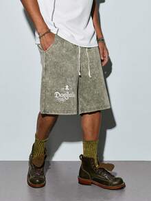 Men's Army Green Letter Print Knit Shorts, Streetwear, Pocket, Drawstring, Summer, Short Pants, Lightweight, Breathable, Cool, Casual, Comfortable Gift For Father/ Husband - Army Green - View 4