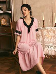 Côtesoire Camisola Longa Solta Feminina Vintage Estilo Minimalista Francês do Sul com Manga Lanterna, Patchwork de Renda e Contraste de Cores - Coral - Visão 6