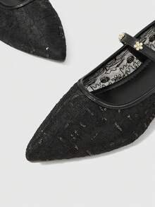 ROMWE Goth Pointed Mesh Yarn Breathable Mesh Surface Low Vamp Versatile Comfortable Fairy Black Flat Autumn Shoes - Black - View 3