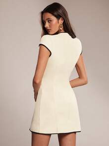 SHEIN BAE Spring Summer Black And White Colorblock Short Sleeve Water Drop Neck Fitted Mini Dress Suitable For Brunch Night Out Wedding Guest Social Sexy - Apricot - View 2