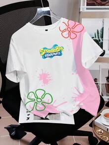SpongeBob SquarePants | SHEIN 女款卡通印花圓領短袖休閒T恤 - 白色 - 查看 3