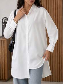 Solavon Women's Minimalist Versatile Solid Color Single-Breasted Asymmetrical Hem Long Sleeve Shirt - White - View 6