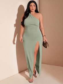 SHEIN BAE Đầm dự tiệc thời trang nữ size lớn màu trơn, thiết kế một vai xẻ tà - Màu xanh Bạc hà - Xem 2