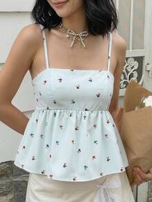SHEIN MOD 復古清新碎花女款娃娃風細肩帶背心 - 淺藍色 - 查看 3
