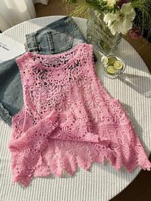 SHEIN EZwear 大尺碼女款春夏鏤空針織背心，適合郵輪海灘，淺粉色波希米亞波希風哥德風 - 粉色 - 查看 5