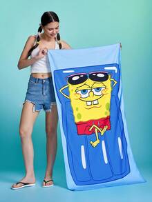 SpongeBob SquarePants | SHEIN 1件裝卡通海綿印花浴巾沙灘巾，可用於海灘、游泳巾 - 藍色 - 查看 3