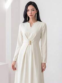 Heiryn Gaun Panjang Wanita Elegan Warna Polos untuk Perjalanan Musim Gugur - Putih Gading - View 5
