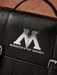 HARRY POTTER X SHEIN 魔法部人造皮革斜挎公事包，黑色可調式肩帶，適合粉絲、學校、工作與 Cosplay - 黑色 - View 6