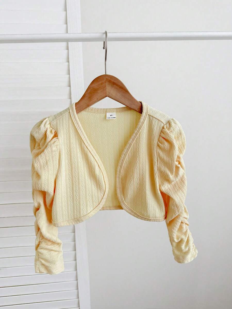 SHEIN 女童抓皺袖前開短版上衣，舒適百搭，適合春秋夏季，適用 4-7 歲，適合外出、上學、居家、度假與旅行，休閒日常穿著，姐妹款與母女套裝 - 芥末黃 - 查看 1