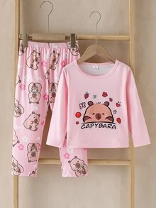 女童休閒可愛水豚印花長袖秋季/冬季褲子牛奶絲面料居家服套裝圓領針織卡通動物2件組柔軟舒適 - 粉色 - 查看 4