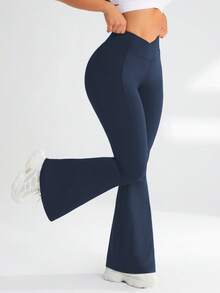 SHEIN Rhythm Era 女款大尺碼瑜伽戶外健身運動緊身喇叭褲 V腰交叉腰基本款 - 彩色 - 查看 7