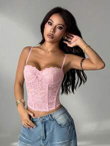 SHEIN PETITE 女款粉色格紋 Y2K 夏季蕾絲透視細肩帶背心上衣，派對夜店穿搭，束胸式內衣上衣，抹胸上衣，可愛秋季疊穿 - 淺粉色 - 查看 4