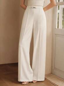 Anewsta Pantaloni da donna bianchi, pantaloni estivi moderni alla moda versatili di colore unito con cintura decorativa, pantaloni lunghi a gamba larga morbidi, pantaloni da completo da donna, abbigliamento da donna per celebrazioni di giugno - Bianco - Visualizzare 4
