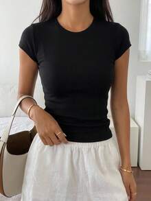 DAZY Women's Casual Basic Round Neck Sports & Yoga Tee Shirt, Black, For Summer - Black - View 13
