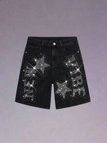 DSELFIQUE Men's Hiphop Streetwear Rhinestone Star Washed Black Denim Shorts - Black - View 3
