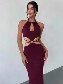 Firerie Robe longue élégante minimaliste sexy et charmante pour femme, pour soirée, bal, carnaval, festival de musique et rendez-vous, violet-rouge, col licou, découpe à la taille, tricotée, haute élasticité, moulante - Fushia - Voir 6