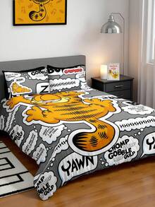 GARFIELD | SHEIN 3 件字母和卡通图案床上用品套装，拉绒面料，柔软温暖，黑色羽绒被套，适合单人/双人/大号/特大号床，适用于卧室装饰 - 灰色 - 查看 2