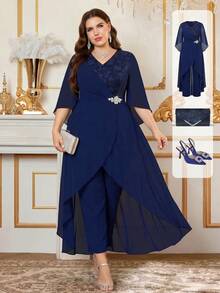 Reflora New Plus Size Women's Fashion Elegant Casual Party Formal Lace Patchwork Wrap Waist Jumpsuit Autumn Navy Blue Wedding - Blue - View 10