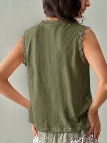 SoleilVie Women's Lace Trim Sleeveless Blouse, Elegant Spring/Summer Vacation And Party - Army Green - View 2