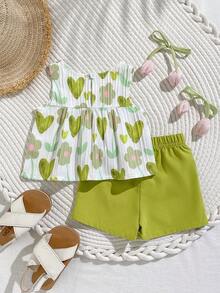 SHEIN Playful Pals 女嬰兩件式夏季圓領無袖上衣與紅色短褲套裝，清新紅白配色，梭織面料，寬鬆版型，甜美優雅田園風，滿版櫻桃圖案，活潑可愛，適合日常外出、上學通勤、參加派對、生日派對與度假旅行 - 綠色 - 查看 3