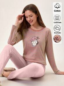 Loomlin Women 2 Pcs Rib Knit Cute Cartoon Embroidery Detail Homewear Comfort Pajama Set - Multicolor - View 1