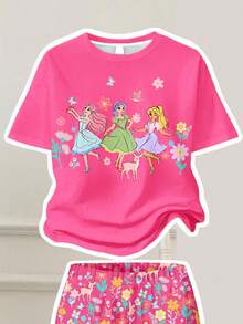 Tween Girls Pink Hot Pink Twirl Into Spring Summer Sweet Princess Bohemian Floral Deer Pattern Print Casual Comfortable Crew Neck T-Shirt Pants - White - View 3