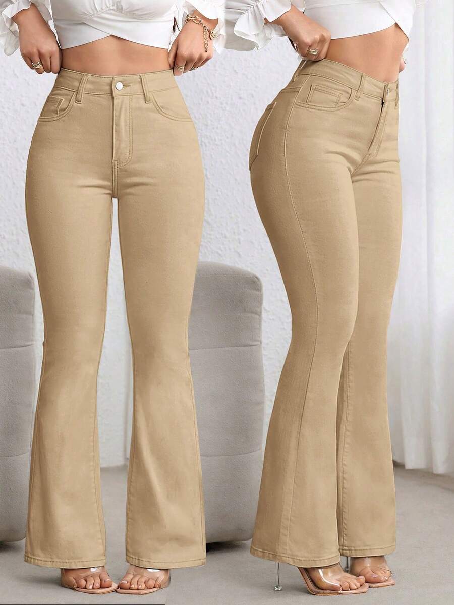 SHEIN ICON 休閒百搭修身喇叭牛仔褲 - 卡其色 - 查看 1