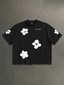 StoneGrade Plus Size Men Summer Letter & Floral Print Short Sleeve Casual T-Shirt - Black - View 1