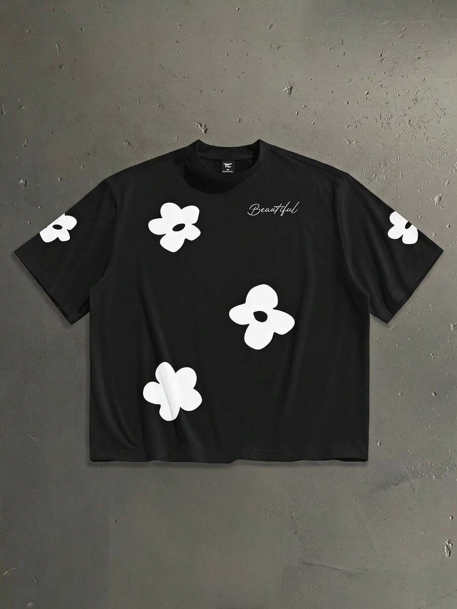 StoneGrade Plus Size Men Summer Letter & Floral Print Short Sleeve Casual T-Shirt - Black - View 1