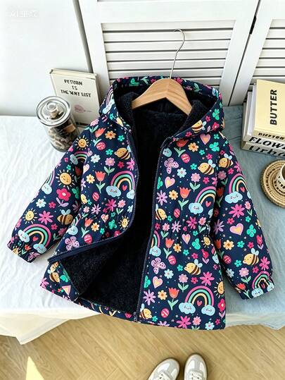 SHEIN Jaket Anak Perempuan Lucu Bermotif dengan Lapisan Termal dan Resleting, Musim Gugur/Musim Dingin