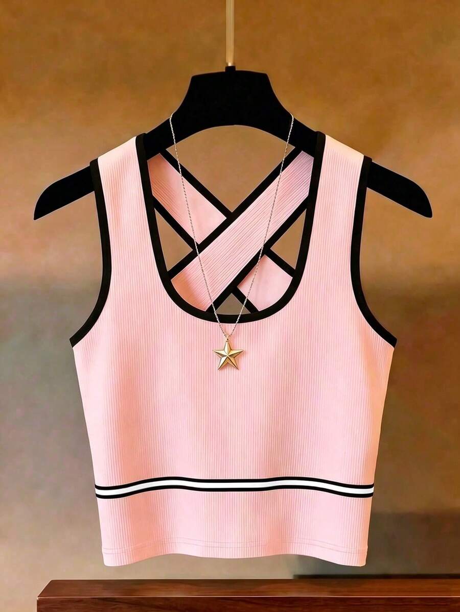 Franclia 女款優雅Y2K粉色條紋對比色拼接交叉短版針織羅紋背心,夏季牛仔風運動休閒健身背心 - 粉色 - 查看 1