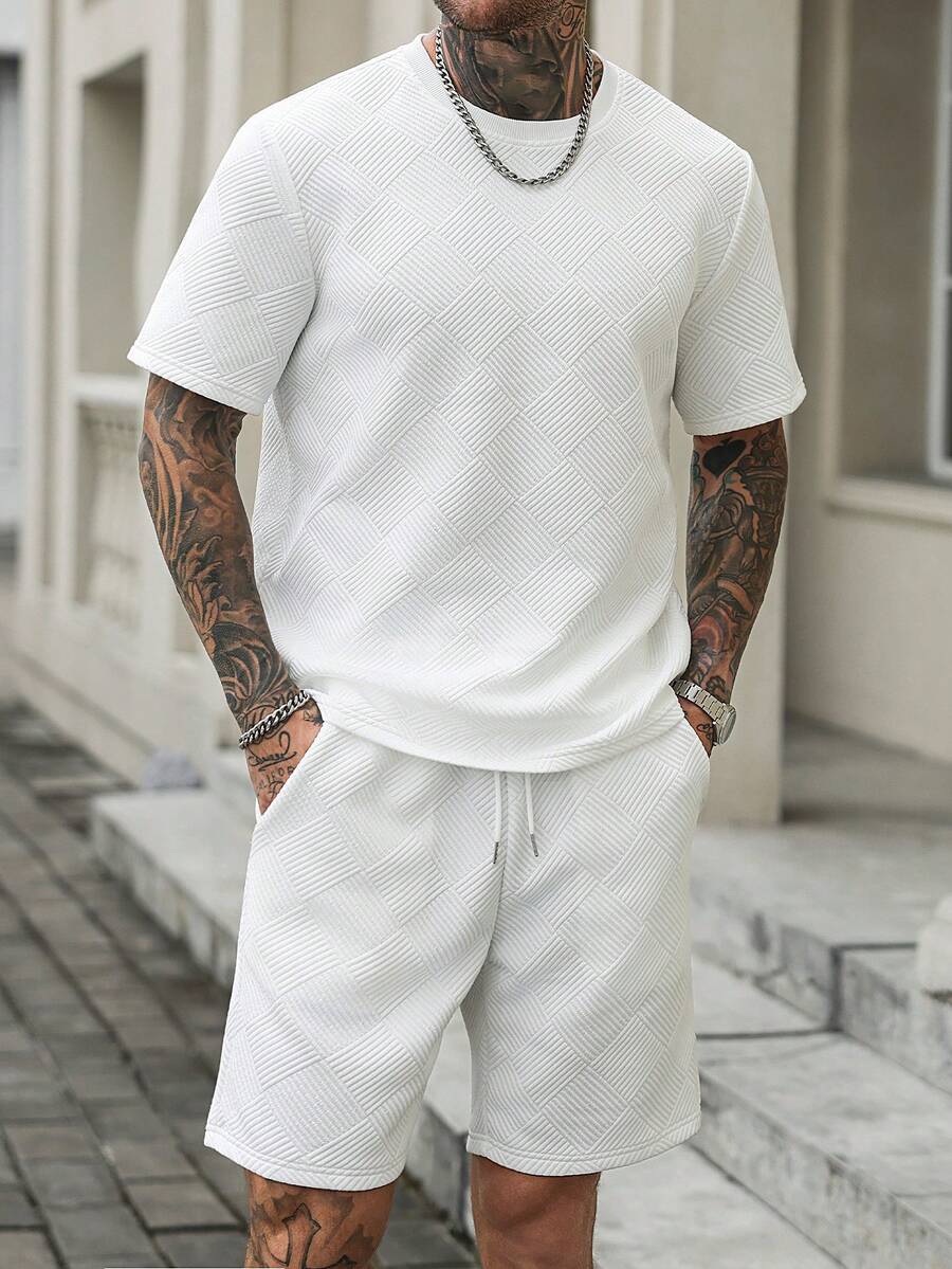 Manfinity Homme 男士夏季全白成熟休閒T恤套裝,適合日常休閒穿著、外出及其他活動,也是送給男友或丈夫的理想禮物 - 白色 - 查看 1